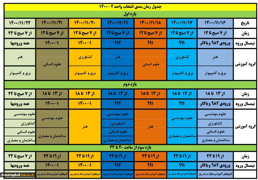 جدول زمان بندی انتخاب واحد  2-1400 2