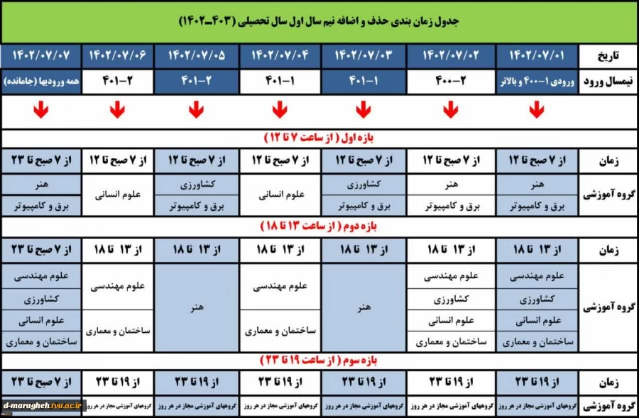 جدول زمانبندی حذف و اضافه نیمسال اول 1403-1402 2