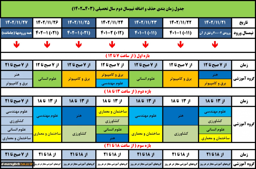 جدول زمان بندی حذف و اضافه نیم‌سال دوم سال تحصیلی (403ـ1402) 2